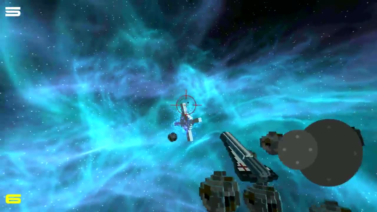 Rapid Rocket: ship, reticle and asteroids in a cyan nebula