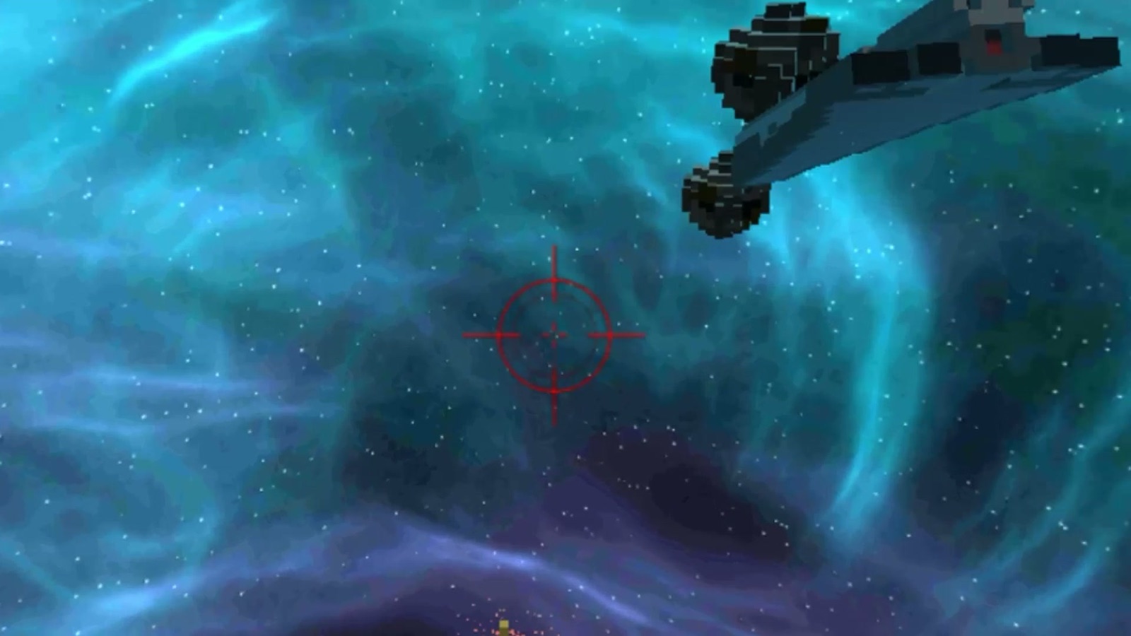 Rapid Rocket gameplay: a voxel ship banking through a blue nebula